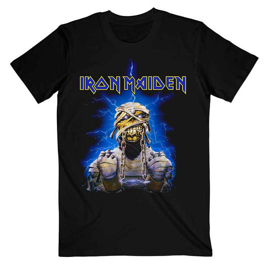 Black t-shirt with Iron Maiden’s Powerslave mummy graphic and logo.