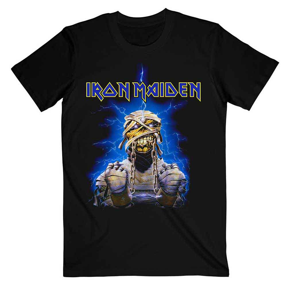 Black t-shirt with Iron Maiden’s Powerslave mummy graphic and logo.