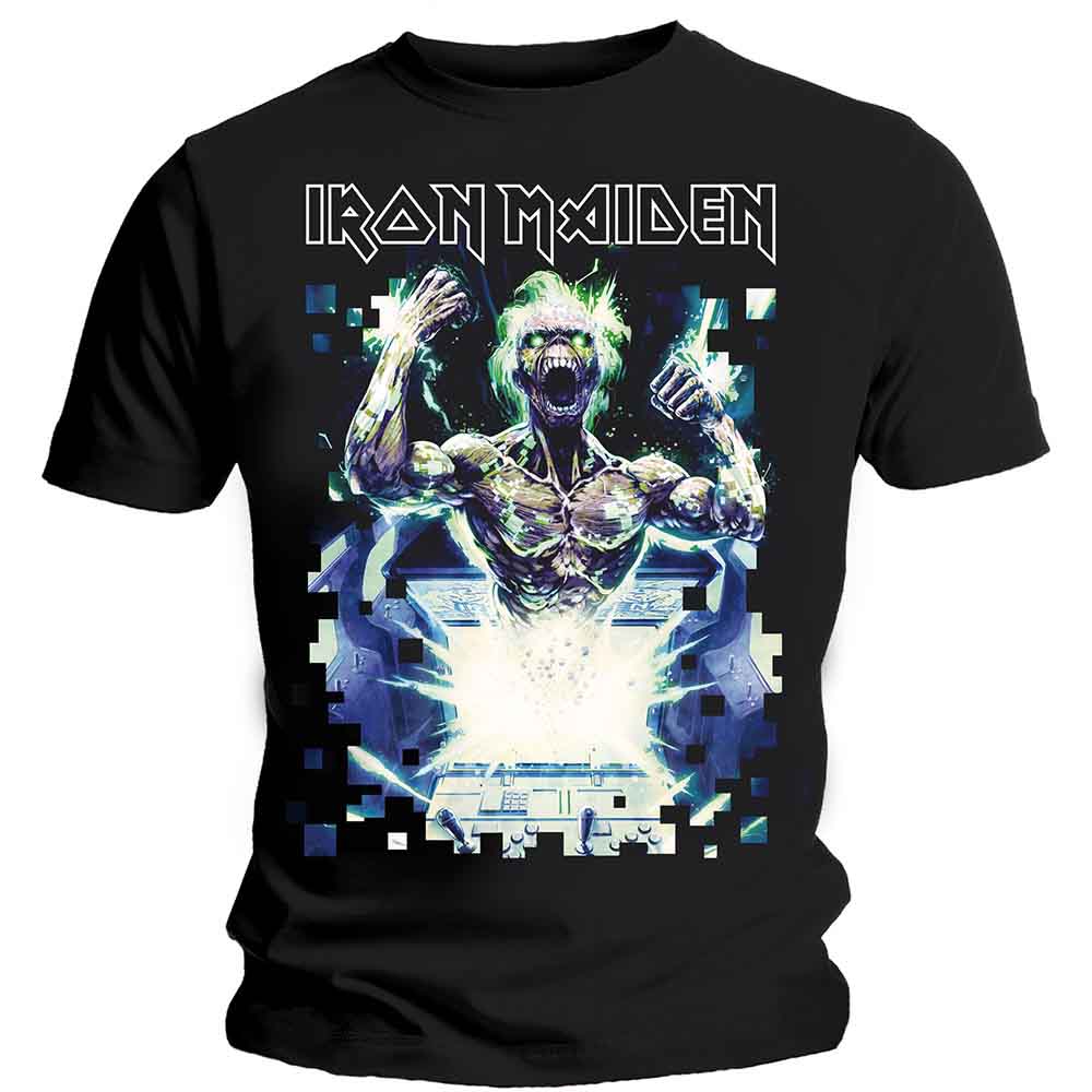 Man wearing black Iron Maiden “Speed of Light” graphic t-shirt.