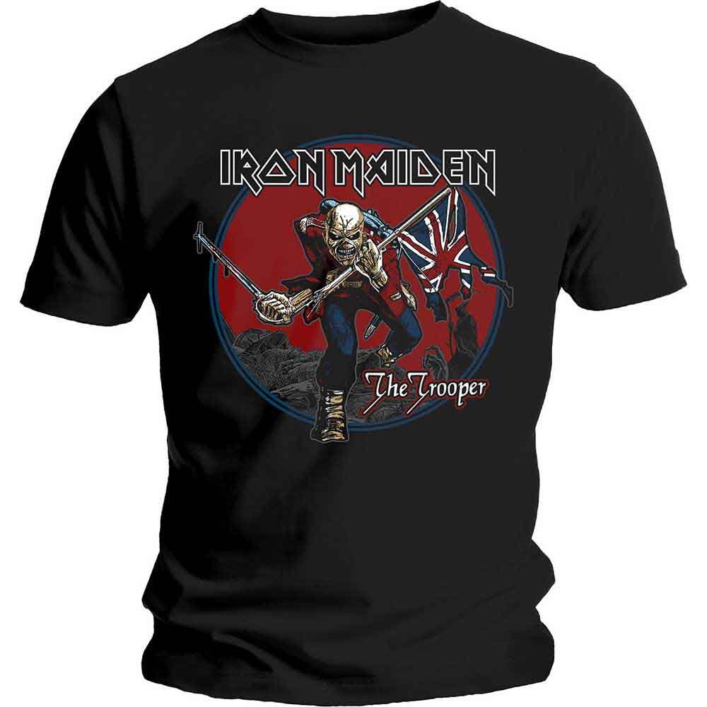 Black t-shirt with Iron Maiden’s “Trooper” artwork featuring a skeleton soldier.