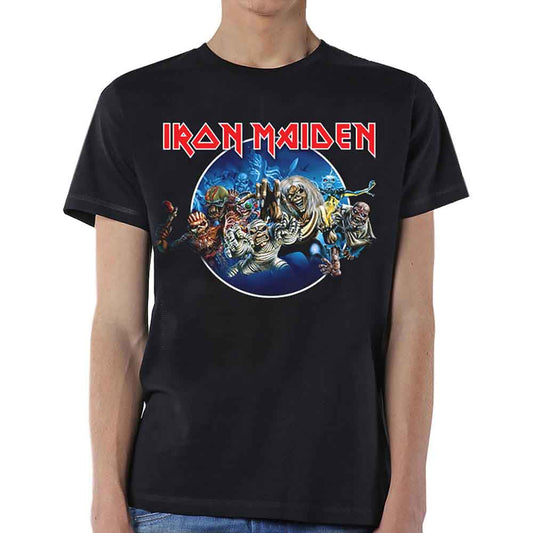 A person wearing a black Iron Maiden t-shirt with a circular graphic of monsters.
