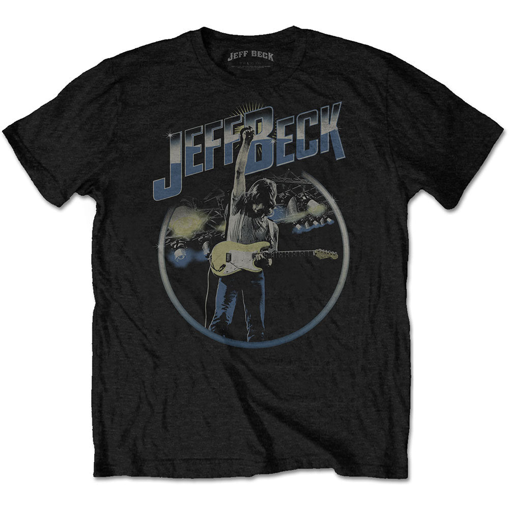 Black t-shirt with a circular graphic of Jeff Beck playing guitar.