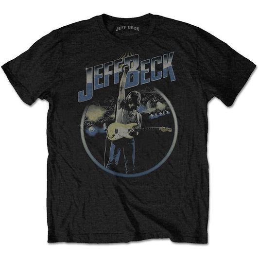 Black t-shirt with a circular graphic of Jeff Beck playing guitar.