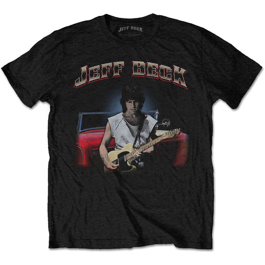 Black t-shirt with image of Jeff Beck playing guitar by a red car.