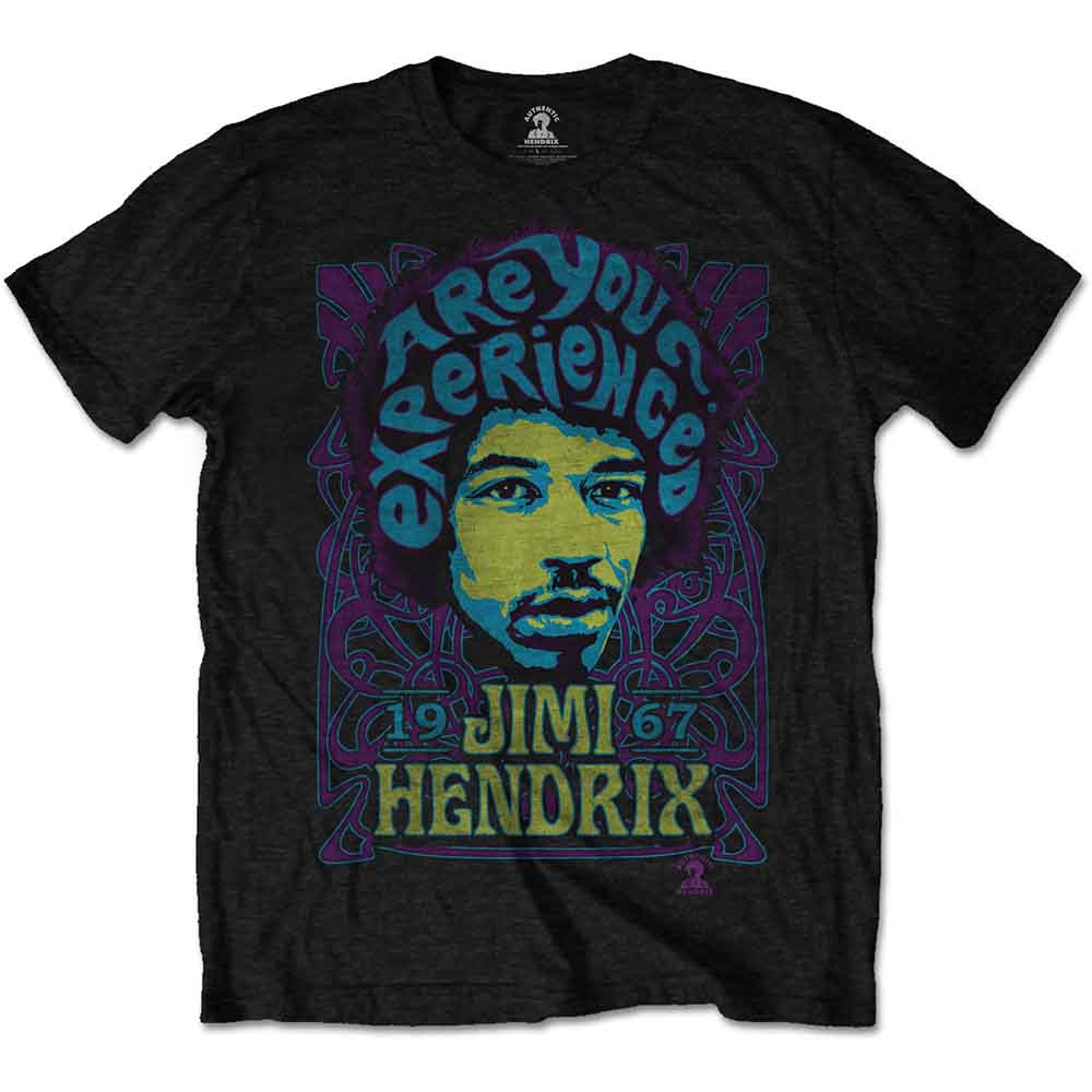 Black t-shirt featuring a Jimi Hendrix portrait and Are You Experienced text graphic.