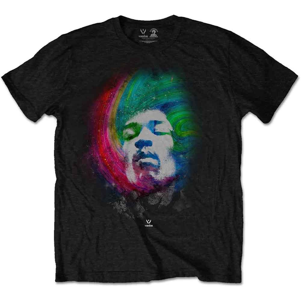 Jimi Hendrix portrait with galaxy background on a black unisex t-shirt, size XX-Large.