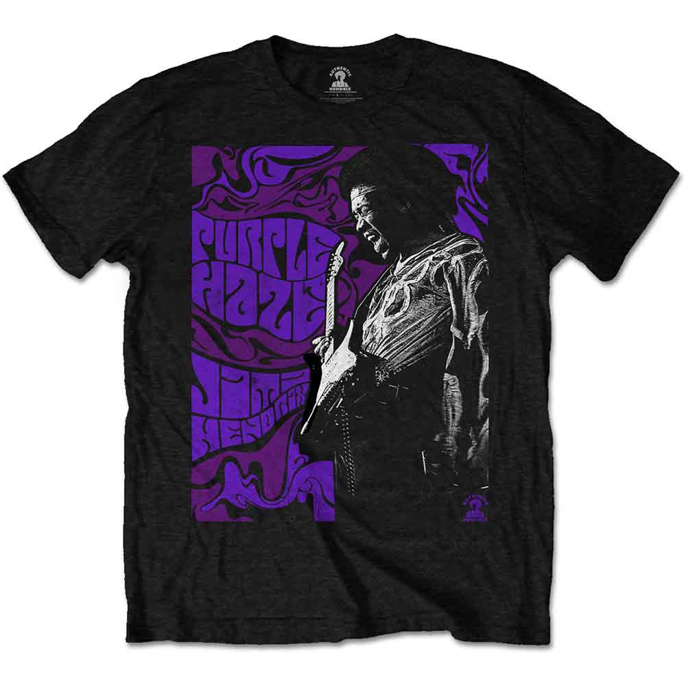Black t-shirt with a purple and white Jimi Hendrix portrait and text.