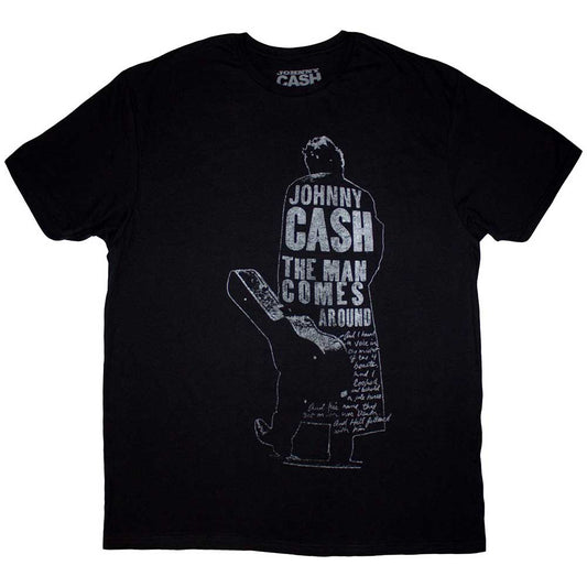 Black t-shirt with white graphic of Johnny Cash and guitar.