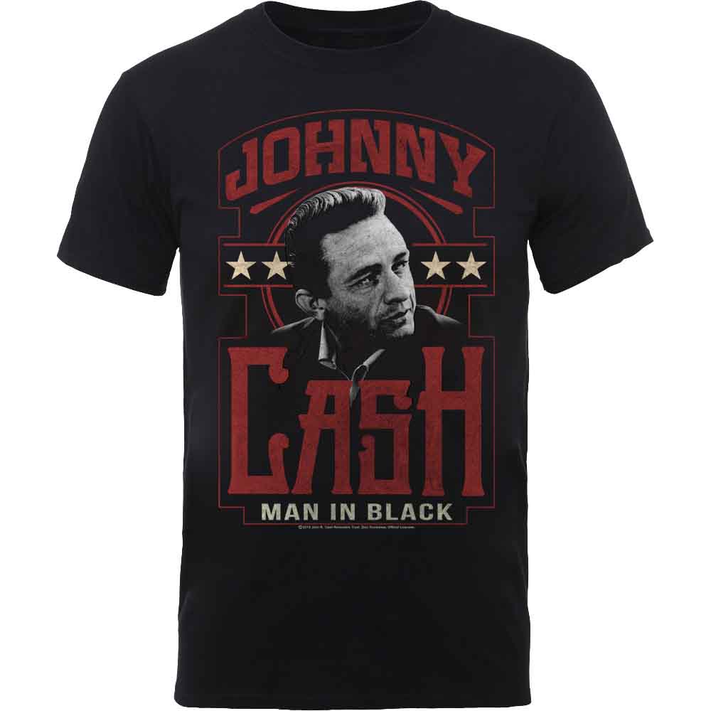 Black t-shirt featuring a portrait of Johnny Cash with red text and stars.