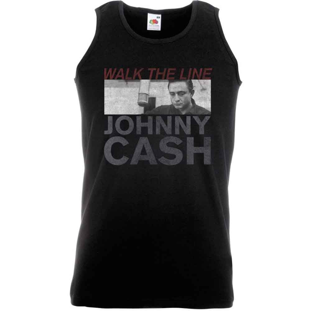 Black Johnny Cash vest with studio portrait graphic print.