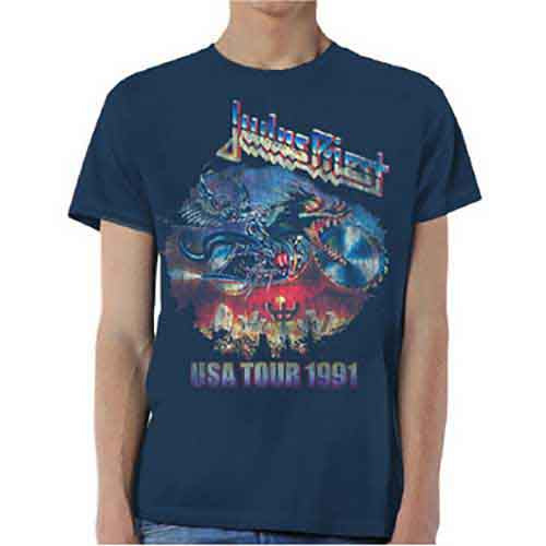 Navy blue t-shirt with Judas Priest “Painkiller” tour 1991 graphic.