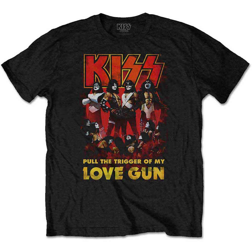 Black unisex X-Large t-shirt featuring the KISS Love Gun album cover with glow-in-the-dark graphics.