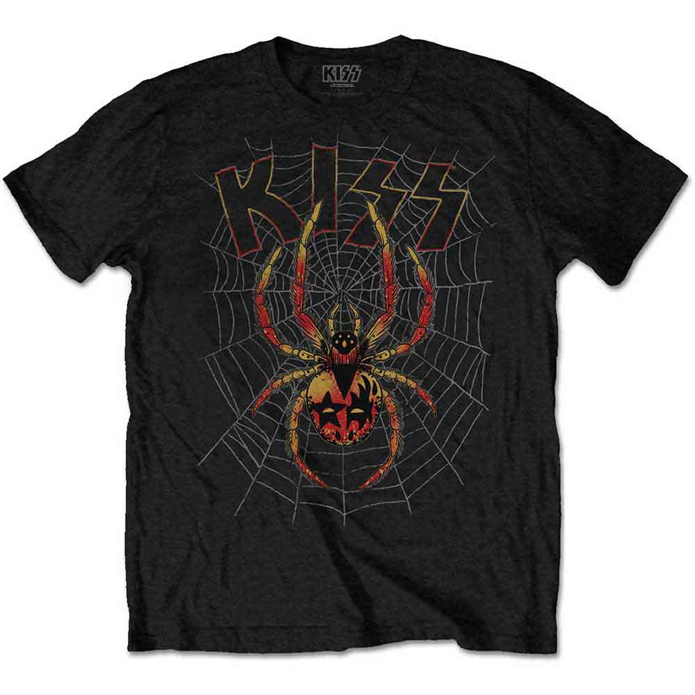 Black t-shirt with a red and yellow spiderweb and KISS logo.