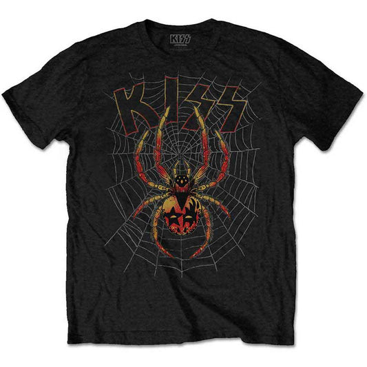 Black t-shirt with a red and yellow spiderweb and KISS logo.
