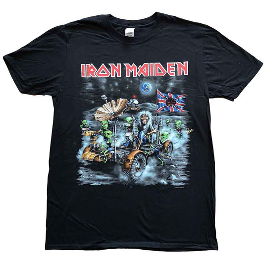 Black t-shirt with colorful Iron Maiden “Knebworth” moonbuggy graphic.