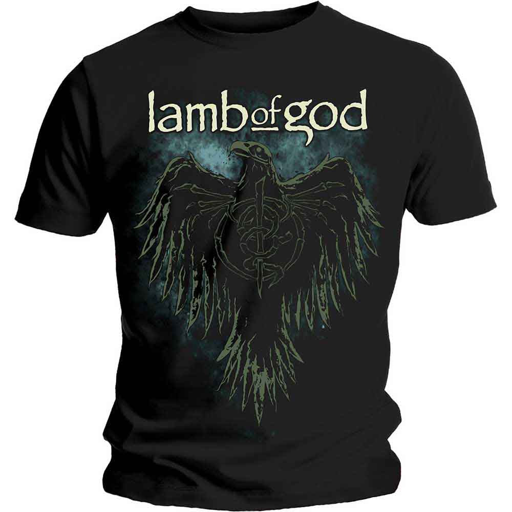 Black t-shirt with Lamb of God band logo featuring a phoenix design.