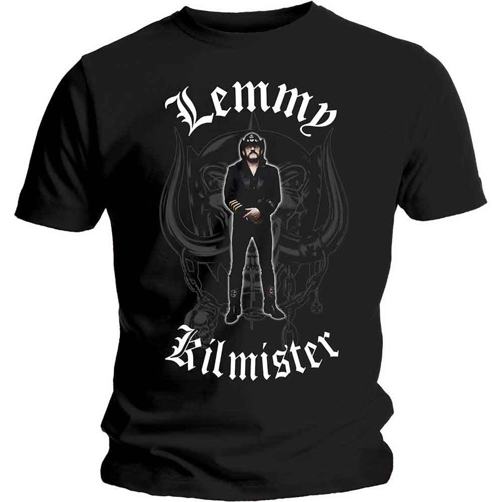 Black t-shirt with a white graphic of Lemmy Kilmister and a winged skull.