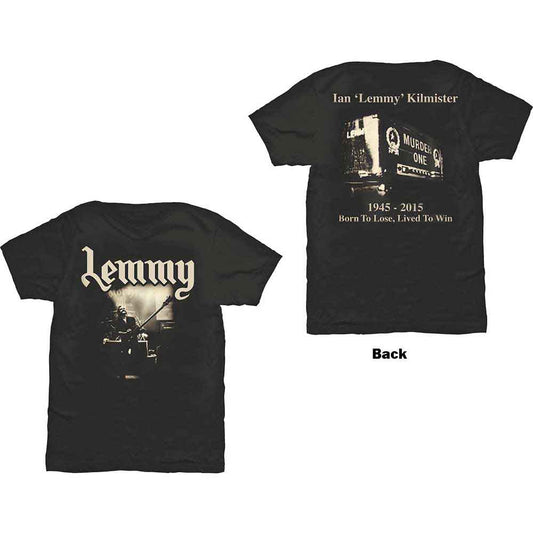 Black t-shirt with "Lemmy" graphic of a musician playing bass.