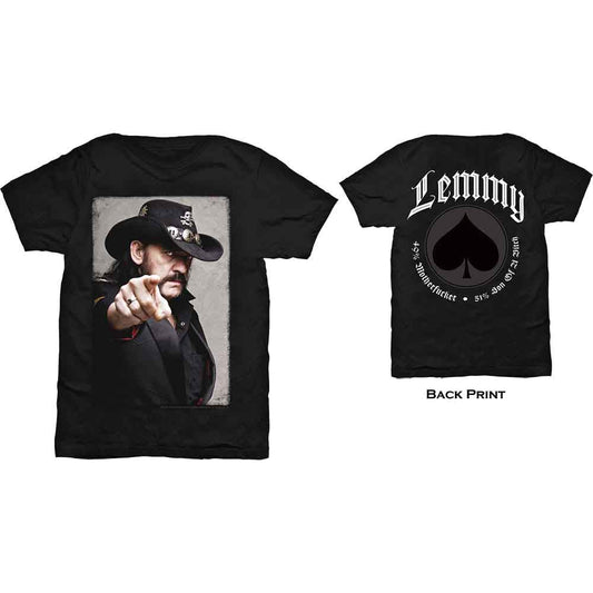 Black t-shirt with a photo of Lemmy Kilmister pointing at the viewer.