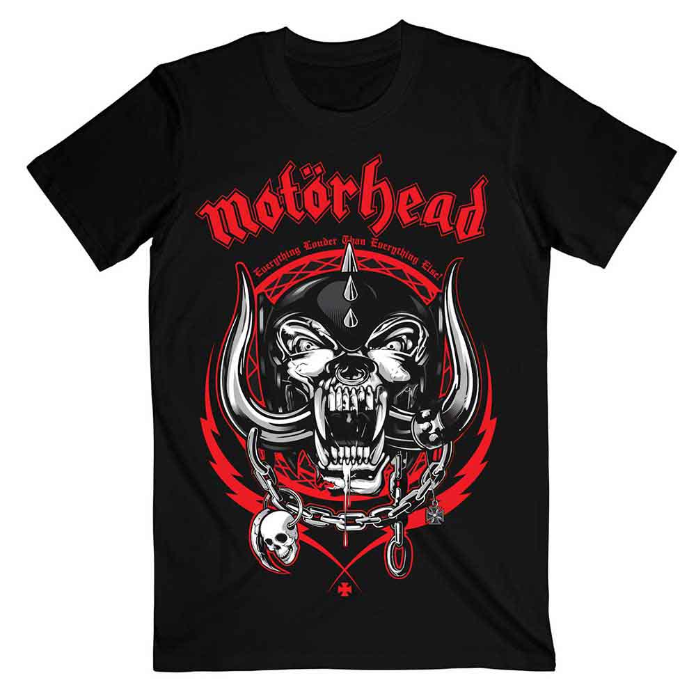 Black t-shirt with a red and white Motorhead skull and lightning wreath design.