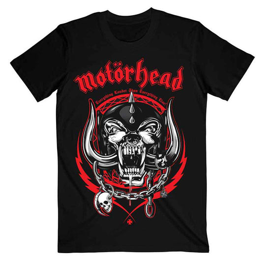 Black t-shirt with a red and white Motorhead skull and lightning wreath design.