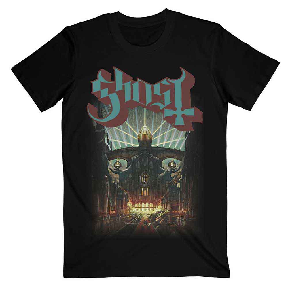 Man wearing black t-shirt with colorful Ghost band graphic print.