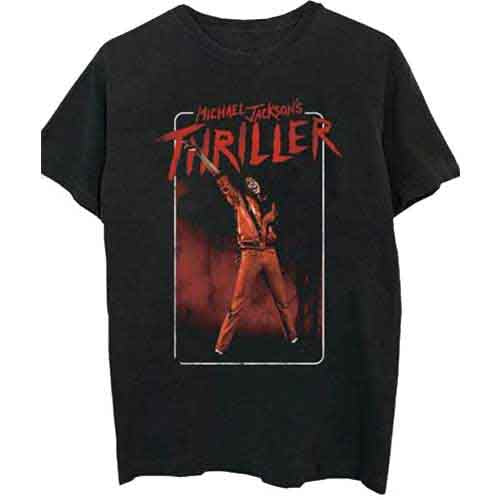Black t-shirt with "Thriller" album cover graphic of Michael Jackson.