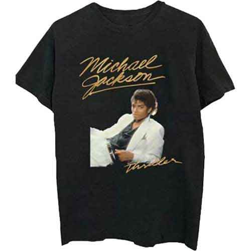 Black t-shirt with a graphic of Michael Jackson in a white suit.