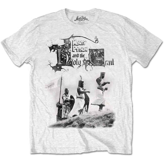 White t-shirt with a black and gray Monty Python Knights illustration.