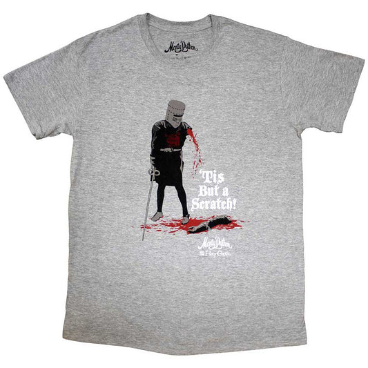 Black t-shirt with white text: “Tis But A Scratch” – Monty Python reference.