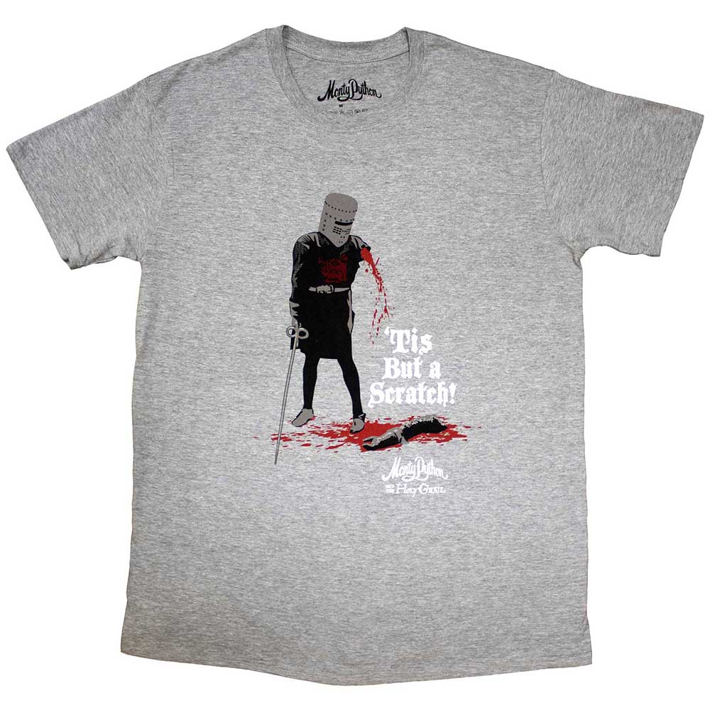Black t-shirt with white text: “Tis But A Scratch” – Monty Python reference.