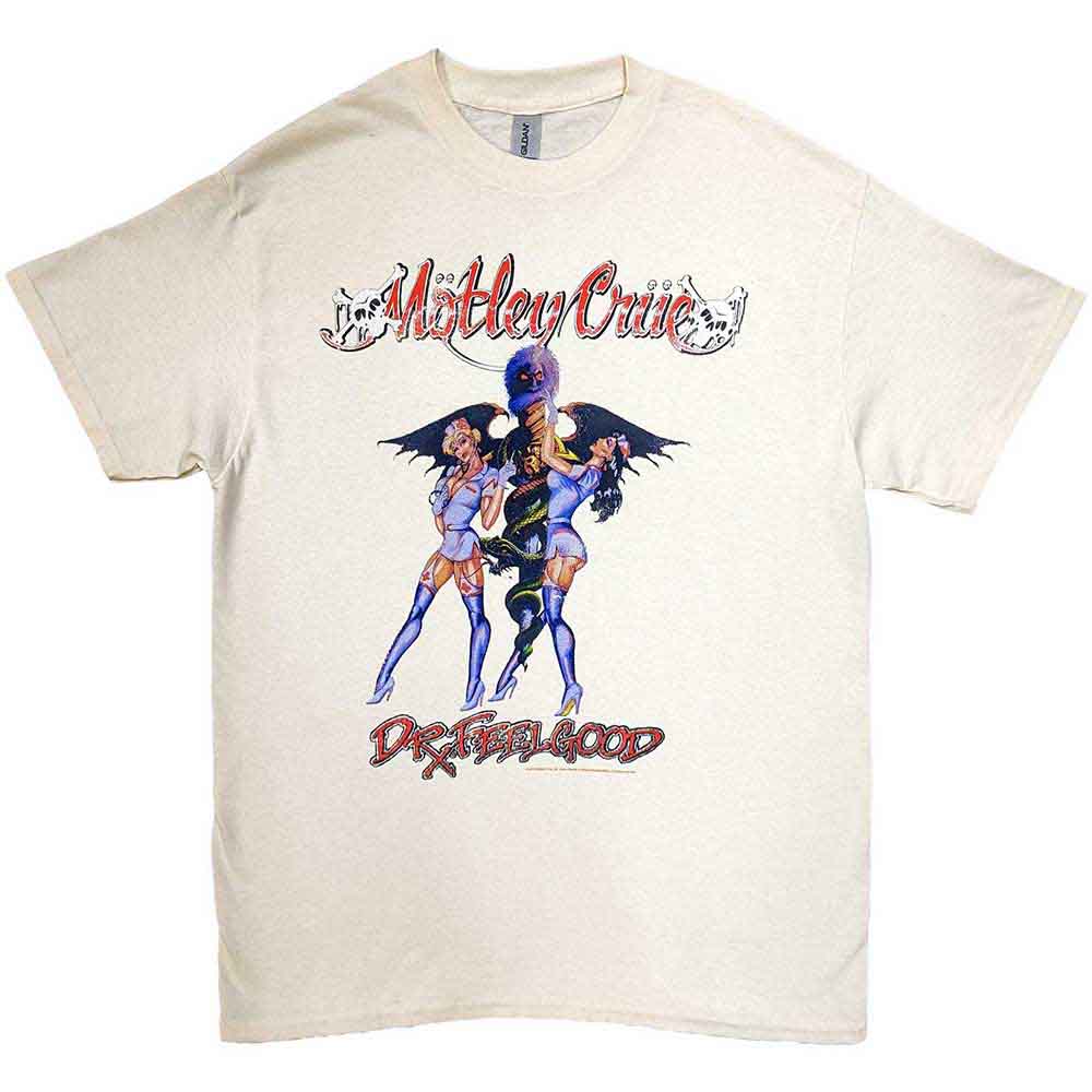 Off-white t-shirt with colorful Motley Crue “Dr. Feelgood” album artwork.