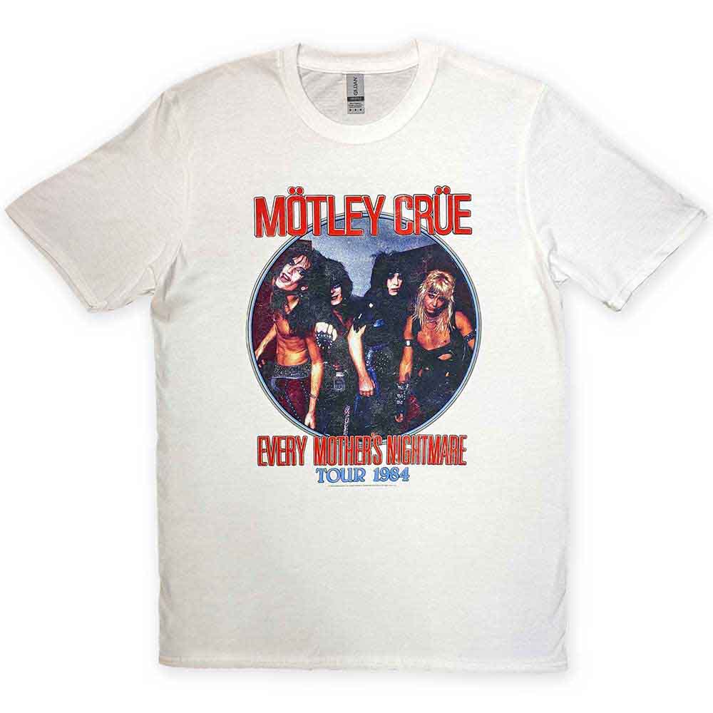 White t-shirt with a circular graphic of Mötley Crüe and tour text.