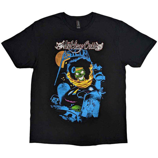 Black t-shirt with a colorful, illustrated Motley Crue "Asylum" design.