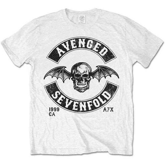 White t-shirt with Avenged Sevenfold skull and wings logo on front.