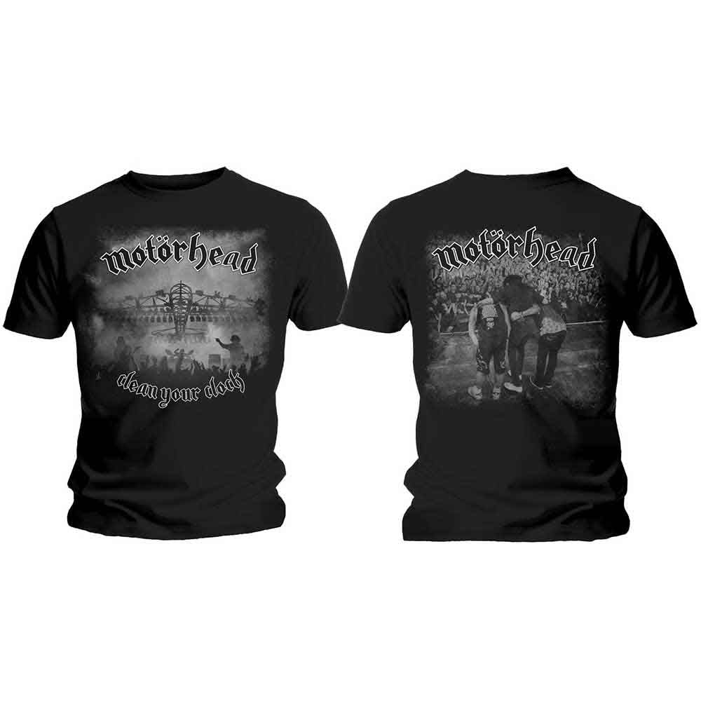 Black Motorhead t-shirt with black and white graphics, front and back views.