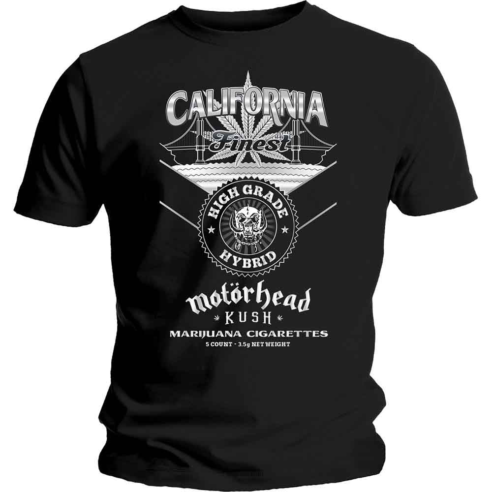 Black t-shirt with white Motorhead and cannabis-themed graphic design.