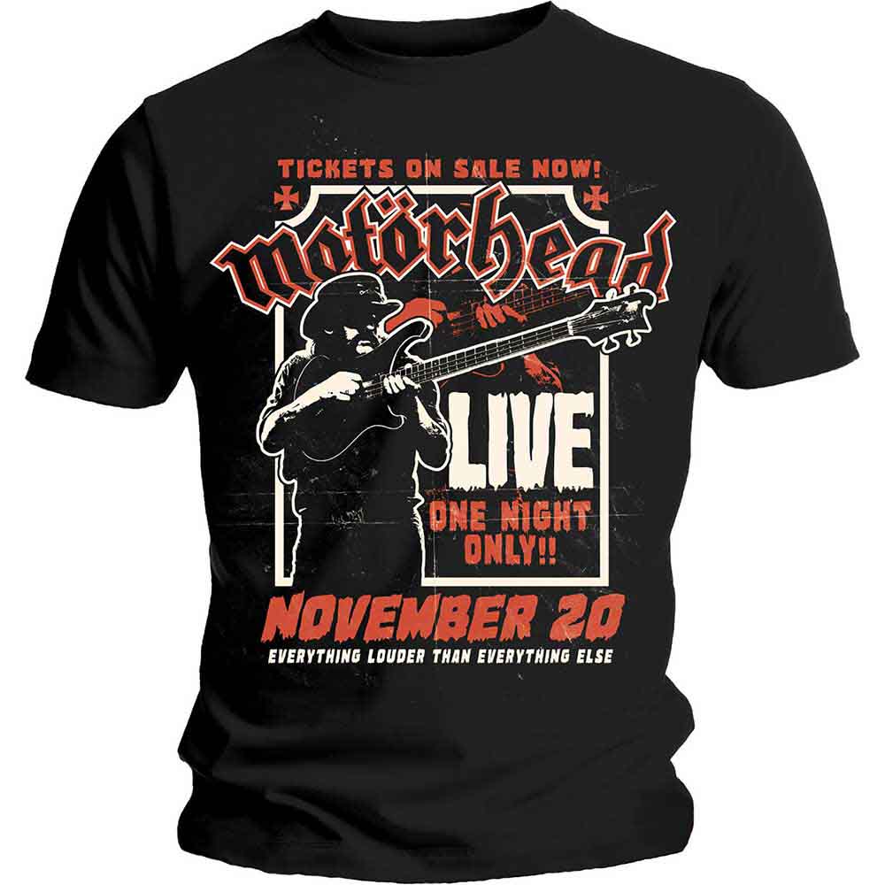Black t-shirt with a Motorhead graphic of Lemmy playing guitar.