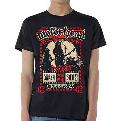 Black t-shirt with a white and red Motorhead band graphic.