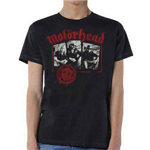 Black t-shirt with a red and white Motorhead band graphic.