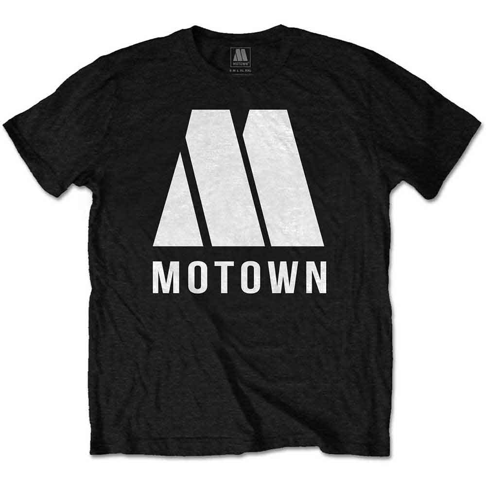 Black t-shirt with a large white "M" Motown logo on the front.