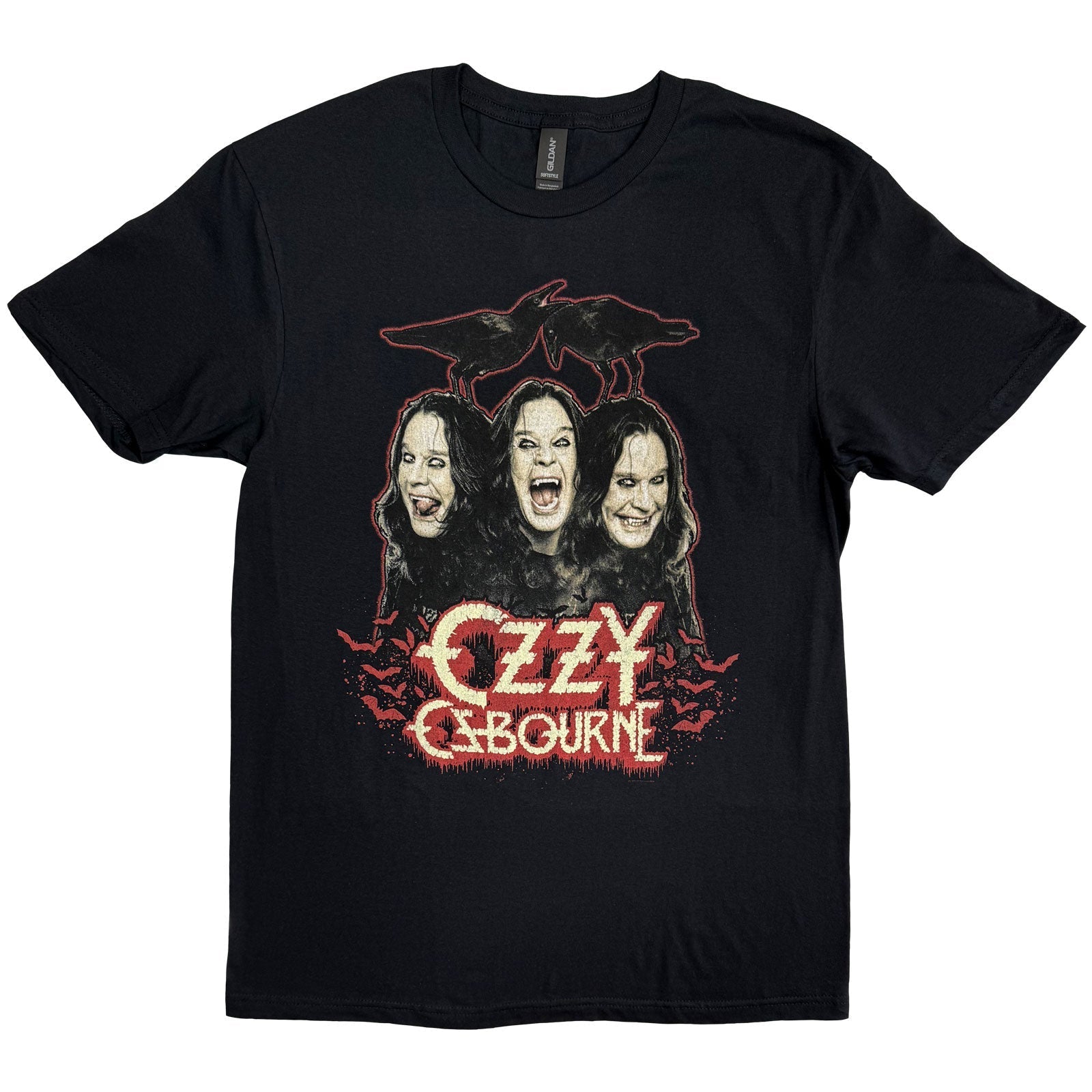 Black t-shirt with three images of Ozzy Osbourne and red graphic details.