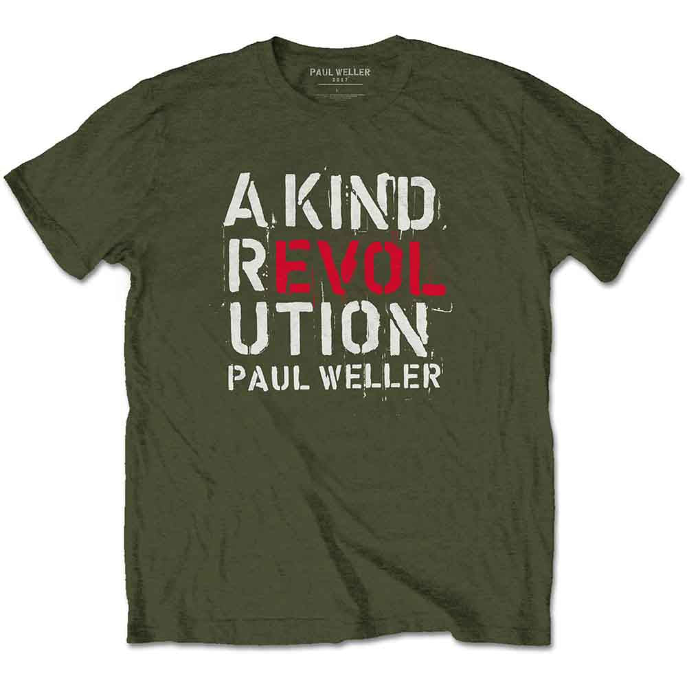 Green t-shirt with white text reading "A Kind Revolution" and "Paul Weller".