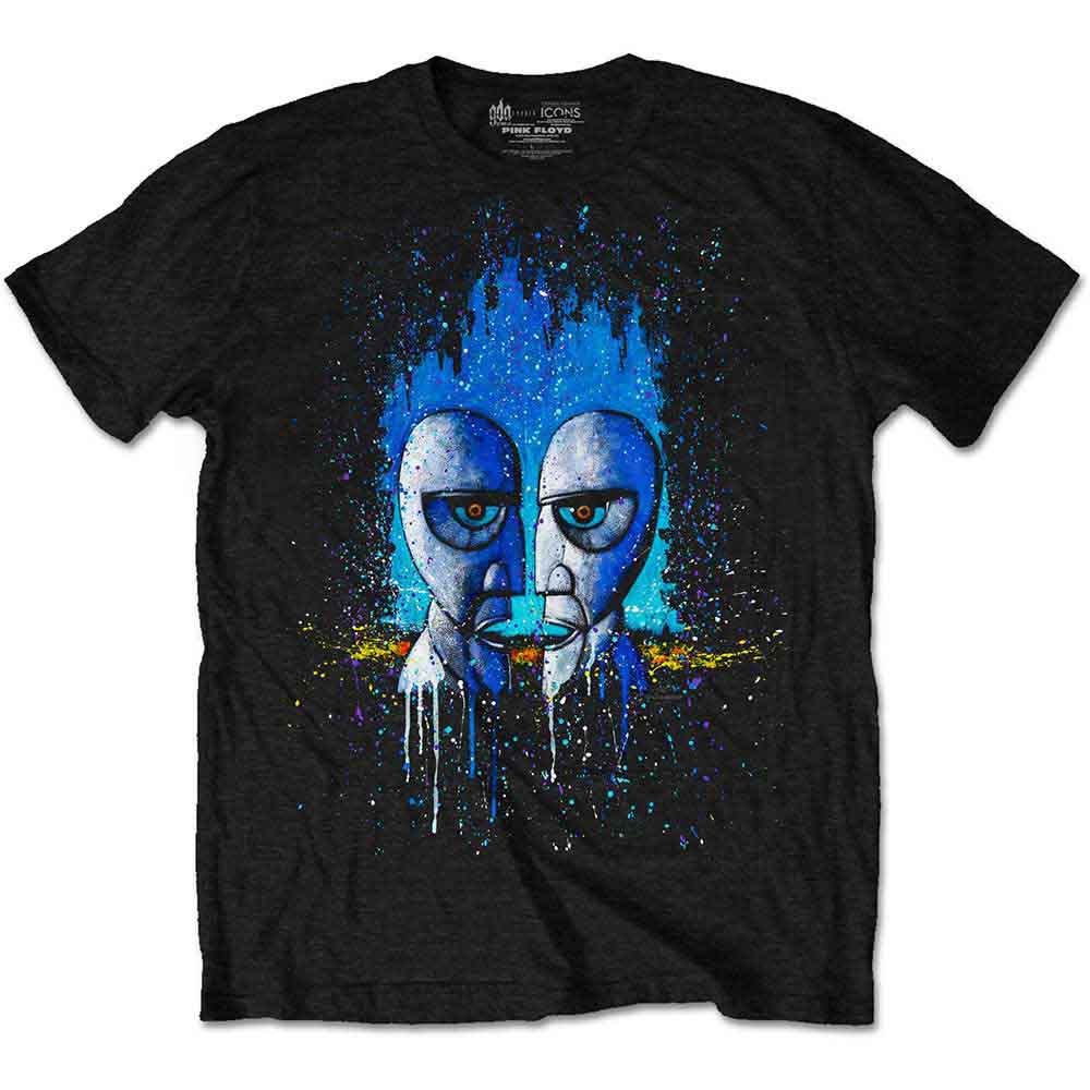 Man wearing a black t-shirt with a blue and gray face graphic.