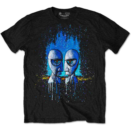 Man wearing a black t-shirt with a blue and gray face graphic.