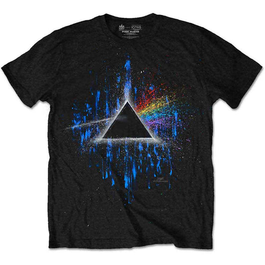 Man wearing a black t-shirt with a colorful Pink Floyd prism graphic.