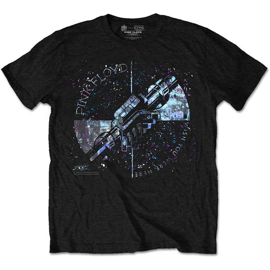 Black men's t-shirt with Pink Floyd's "Wish You Were Here" prism design.