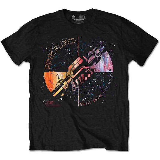 Man wearing a black t-shirt with a Pink Floyd graphic design.