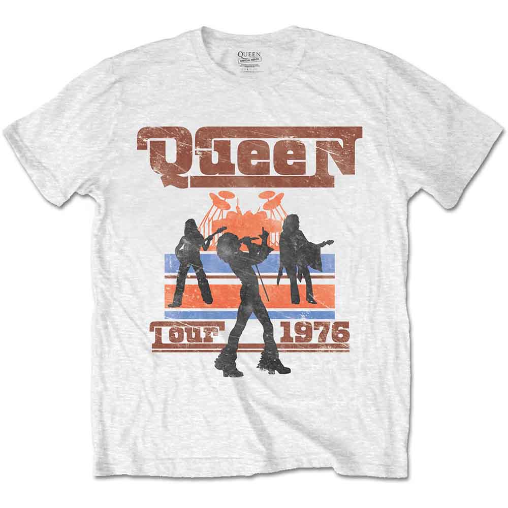 White t-shirt with a distressed Queen 1976 tour silhouette graphic.