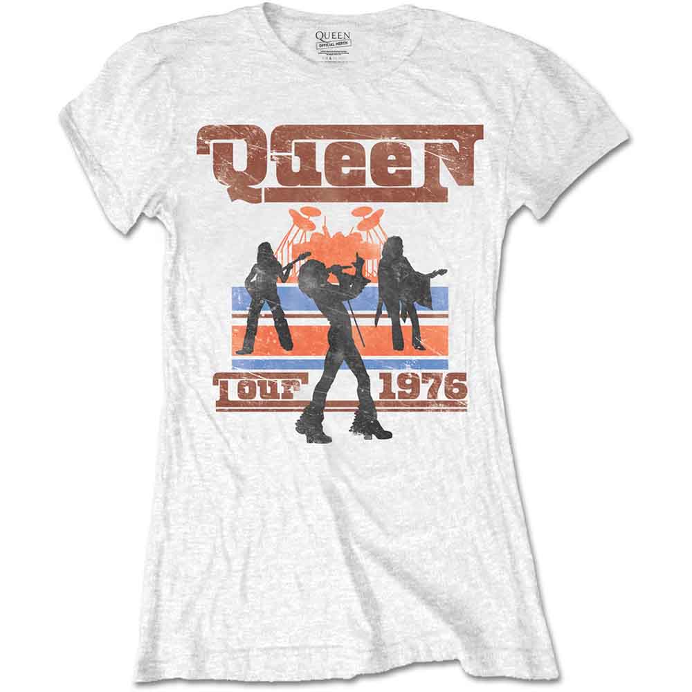 White Queen t-shirt with band silhouettes and "Tour 1976" graphic.